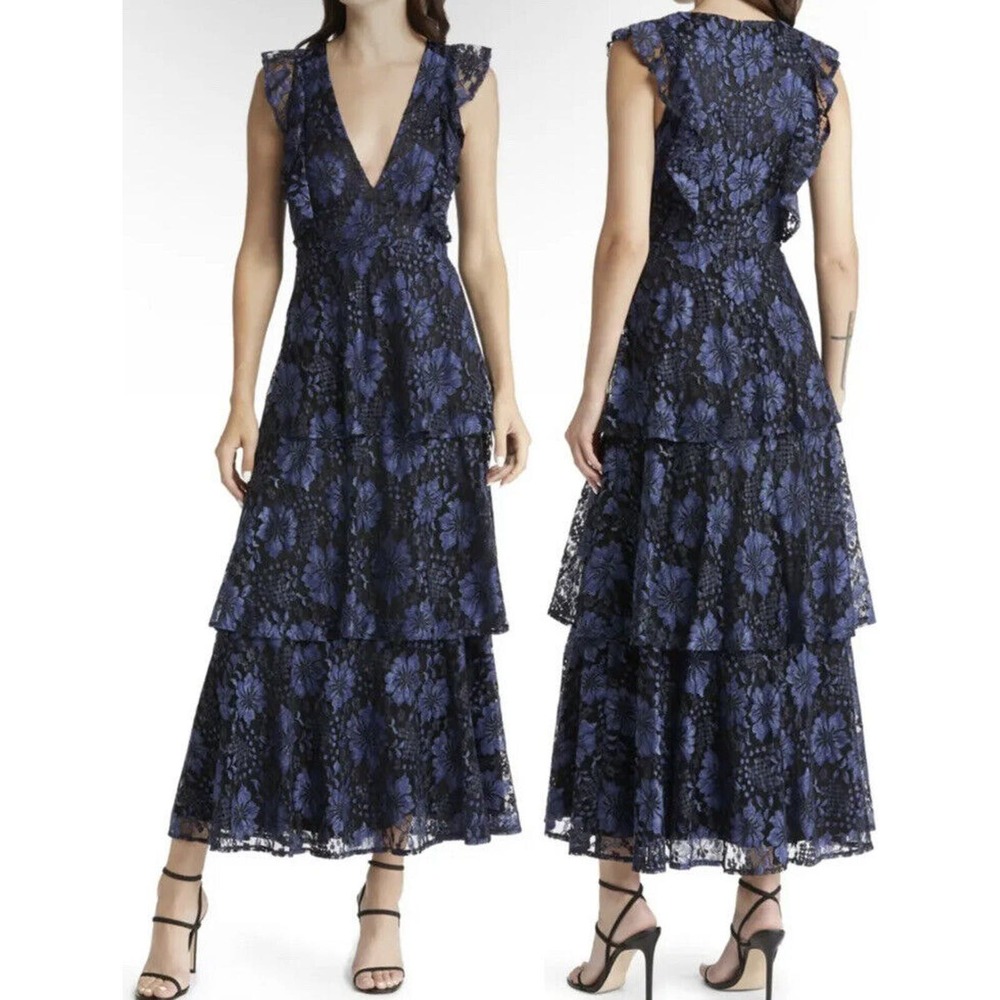 Lulus Molinetto Women’s Navy Blue Lace Ruffled Tiered Maxi Dress New Size Medium